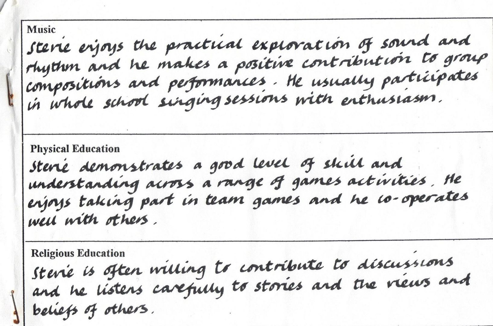 stevie school report1998 music