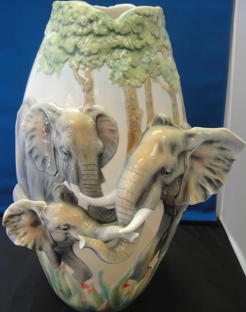 Franz "Elephant Family Fun" Sculptured Porcelain Vase Box & Paperwork