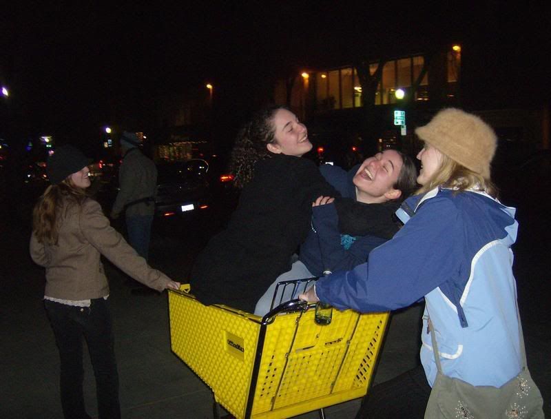 crossing the street in a shopping cart