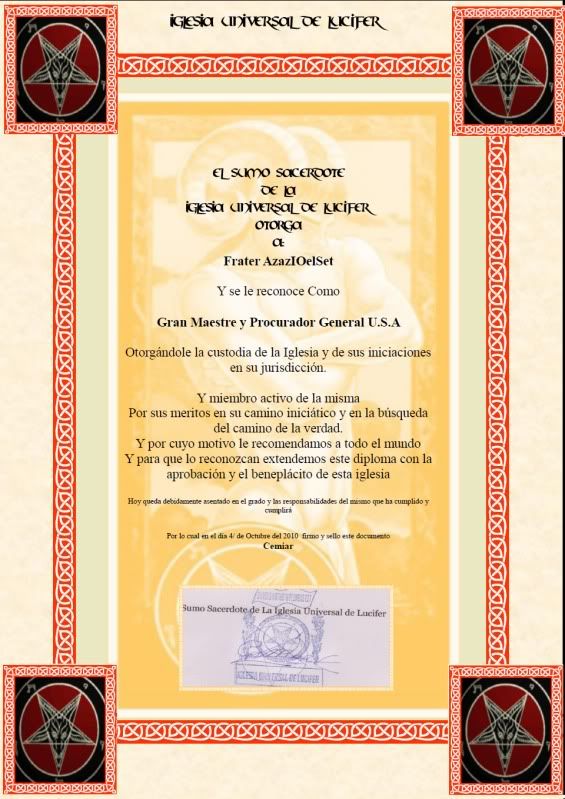 Universal Church of Lucifer Grand Master Diploma Frater AzazIOelSet11 Brandon  Lashbrook